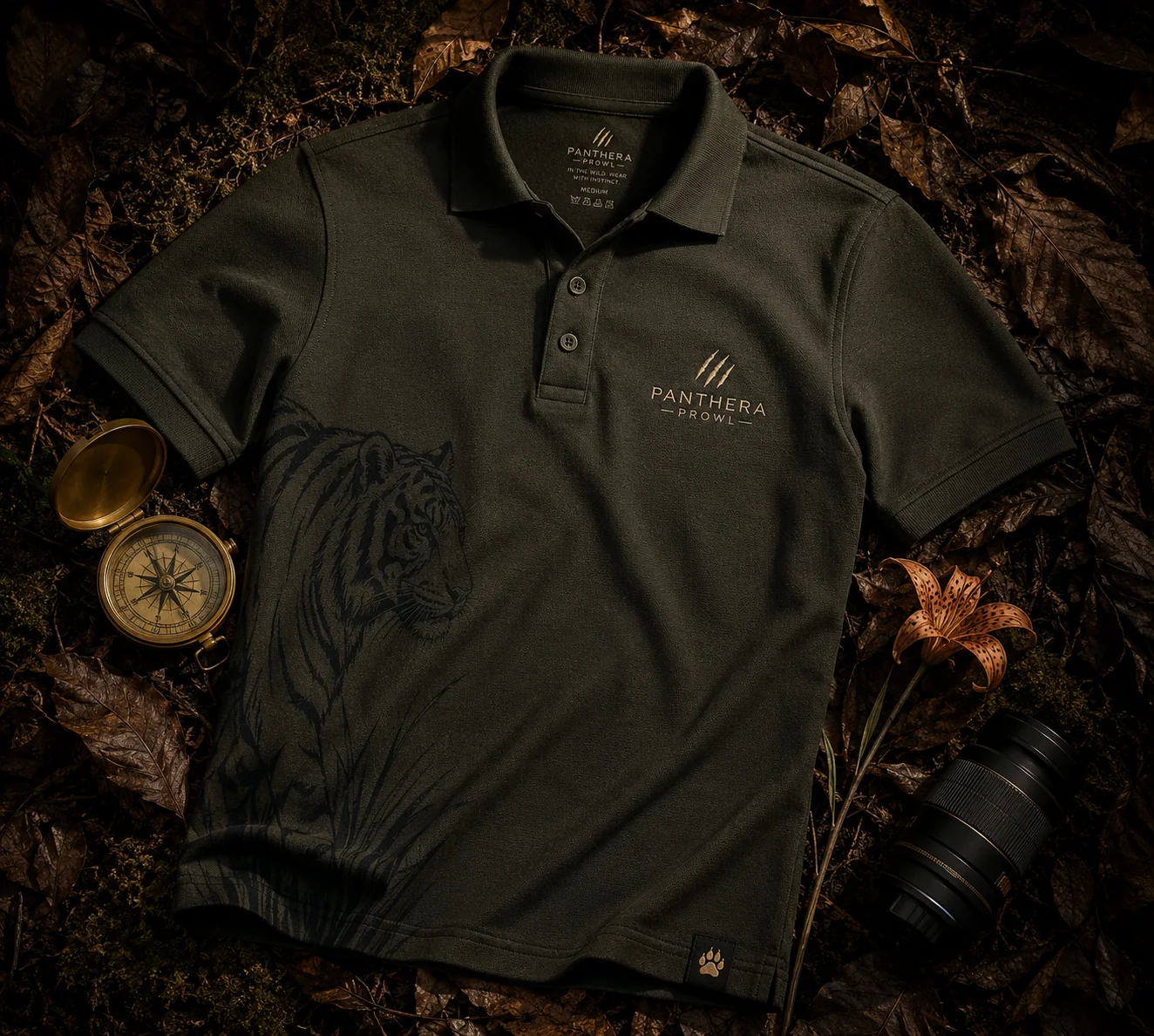 Panthera Prowl polo flatlay — with compass and camera lens on dried jungle leaves