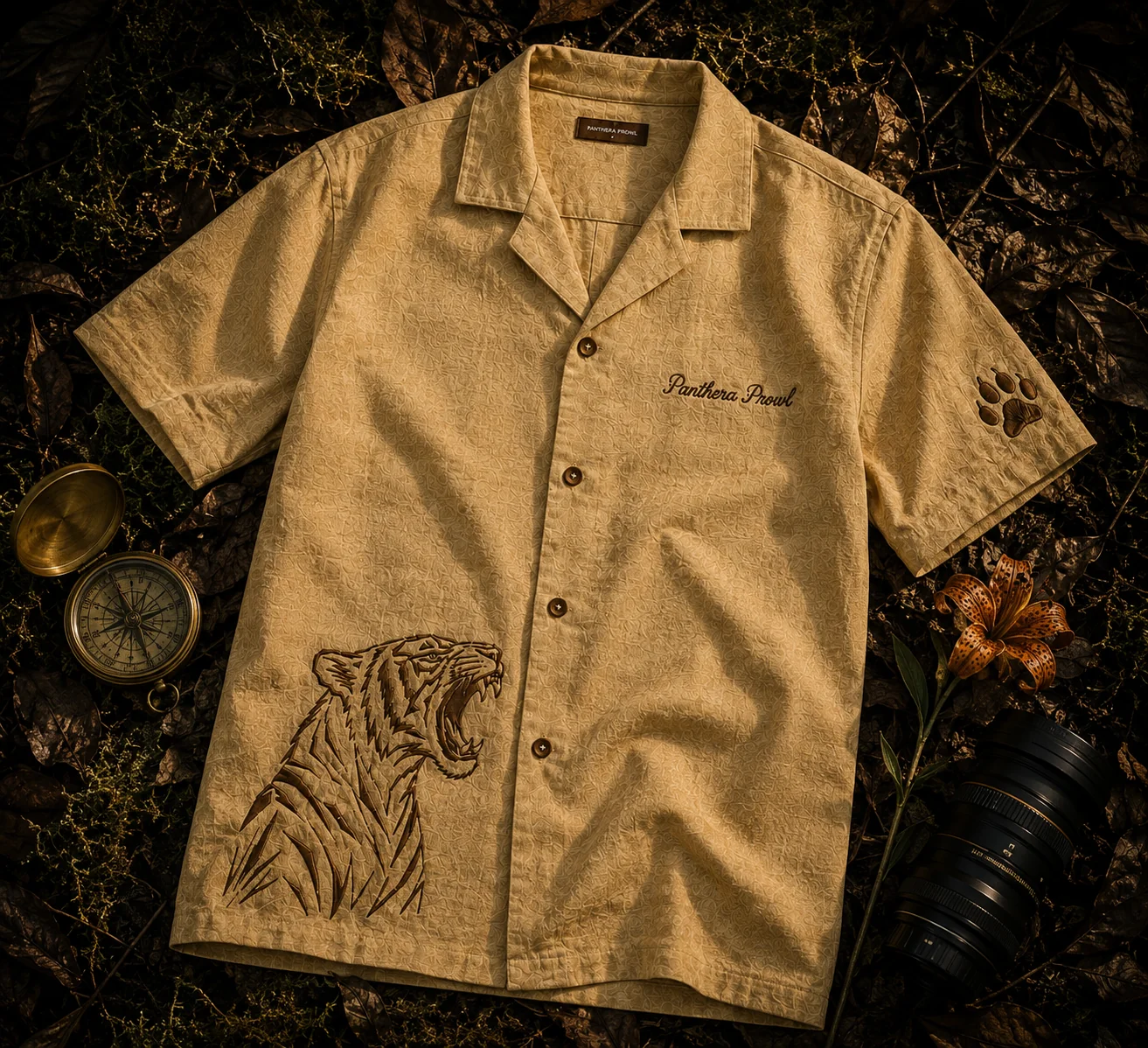 Panthera Prowl — flatlay of products in jungle leaves, nature-inspired stealth apparel